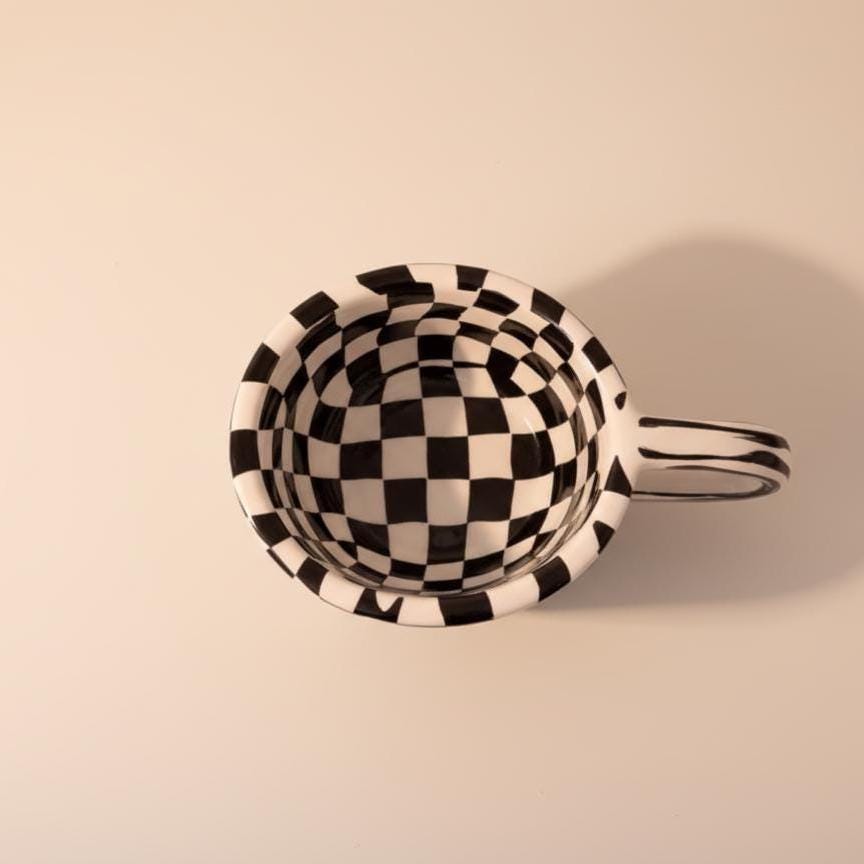 Checkerboard Ceramic Mug, Bold Retro Coffee Cup, Oversized Handle, 12 oz Capacity