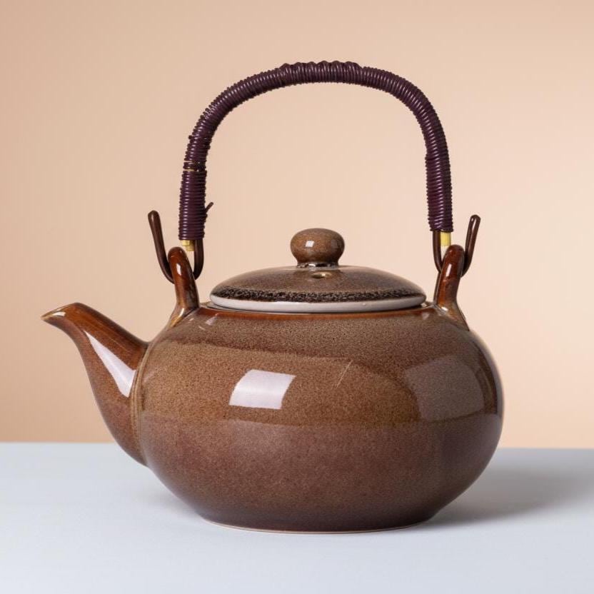 Ceramic Teapot with Rattan Handle, Japanese Loose Leaf Kettle, 900ml Tea Pot