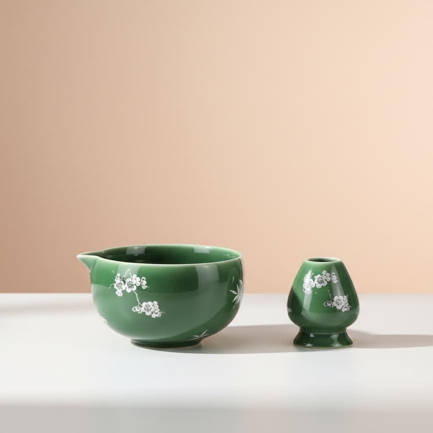 Handmade 4pc Emerald Green Matcha Tea Set | Ceramic Bowls, Matcha Bowl 450ml
