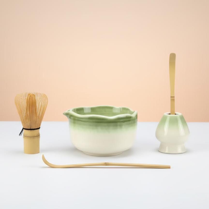 Handmade 4pc Green Matcha Tea Set | Ceramic Bowls, Matcha Bowl 450ml