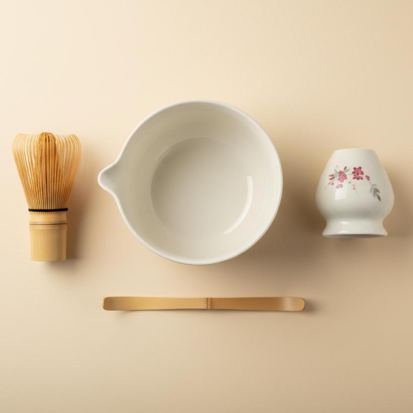 Handmade 4pc White Floral Matcha Tea Set | Ceramic Bowls, Matcha Bowl 450ml