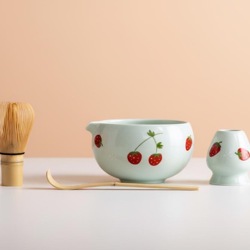 Ceramic Matcha Bowl Kit, Strawberry Hand-Painted Sage Green Tea Set