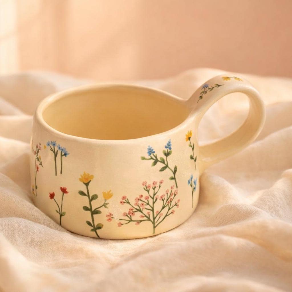 Funky Floral Ceramic Mug - Hand Painted Cream Coffee Mug - Gift for Mom