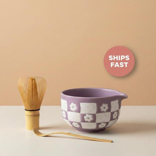 Purple 4pc Checkered Matcha Tea Set | Ceramic Bowls, Matcha Bowl 450ml