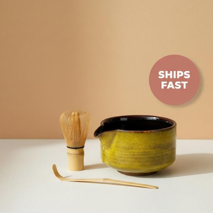 Handmade 4pc Rustic Yellow Matcha Tea Set | Ceramic Bowl, Matcha Bowls 450ml