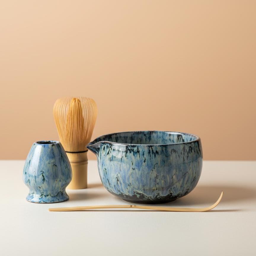 Handmade 4pc Rustic Blue Match Tea Set | Ceramic Bowls, Matcha Bowl 450ml