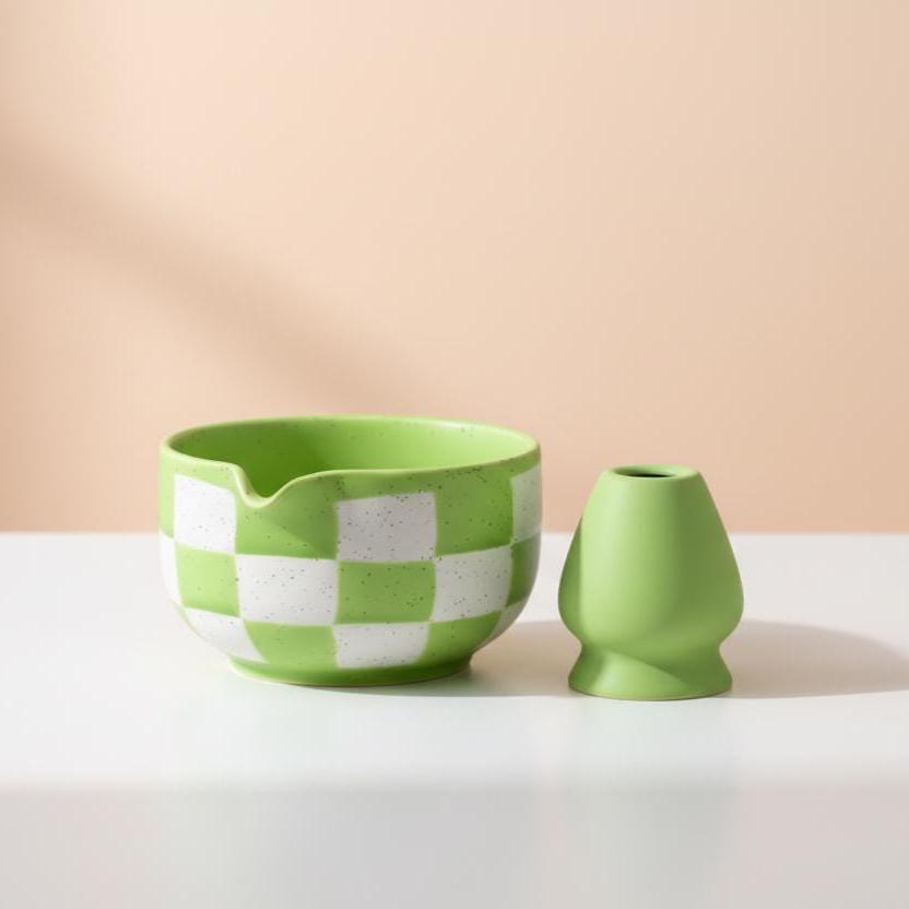 Handmade 4pc Green Checkered Matcha Tea Set | Ceramic Bowls, Matcha Bowl 450ml