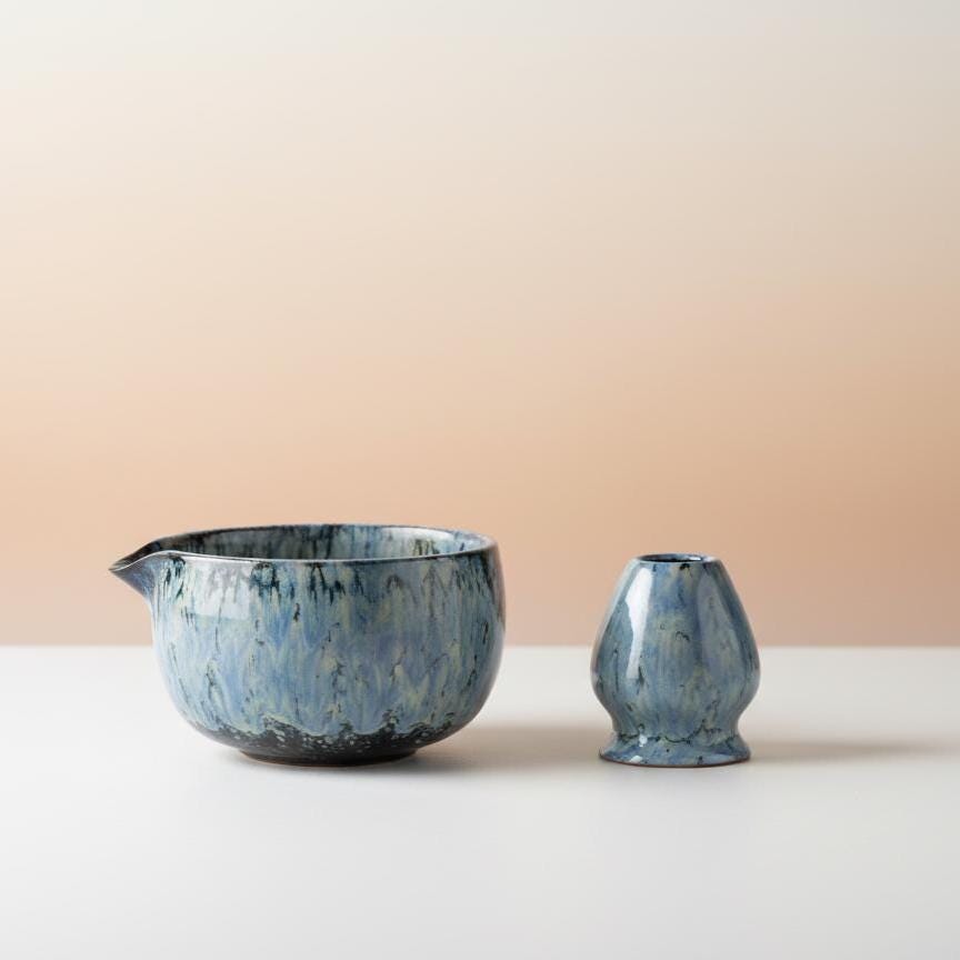 Handmade 4pc Rustic Blue Match Tea Set | Ceramic Bowls, Matcha Bowl 450ml