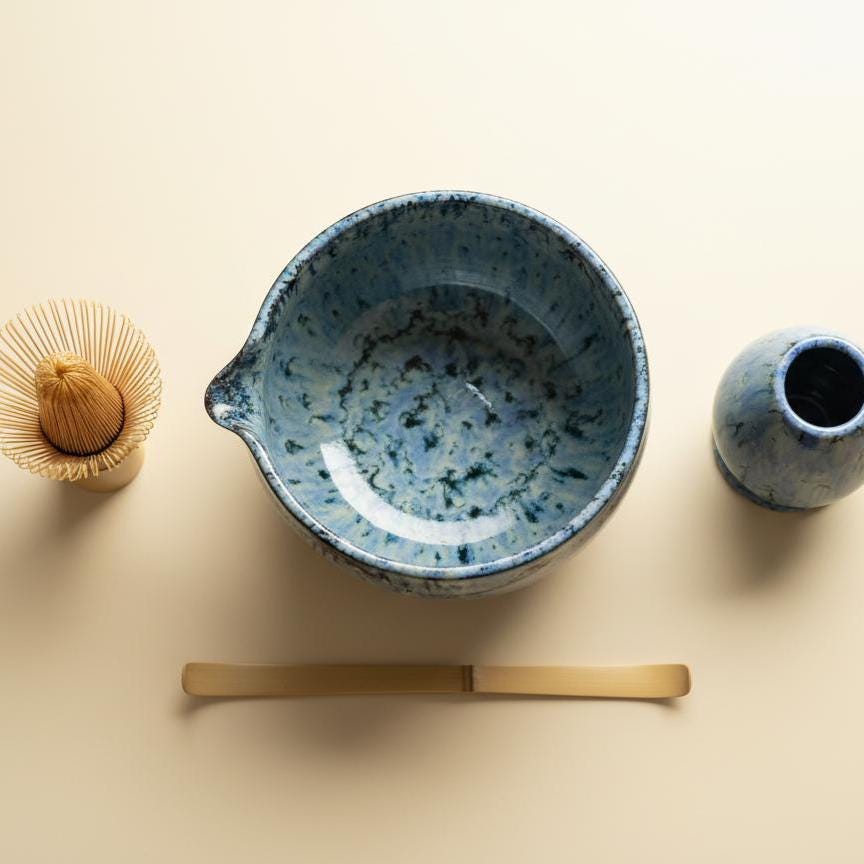 Handmade 4pc Rustic Blue Match Tea Set | Ceramic Bowls, Matcha Bowl 450ml