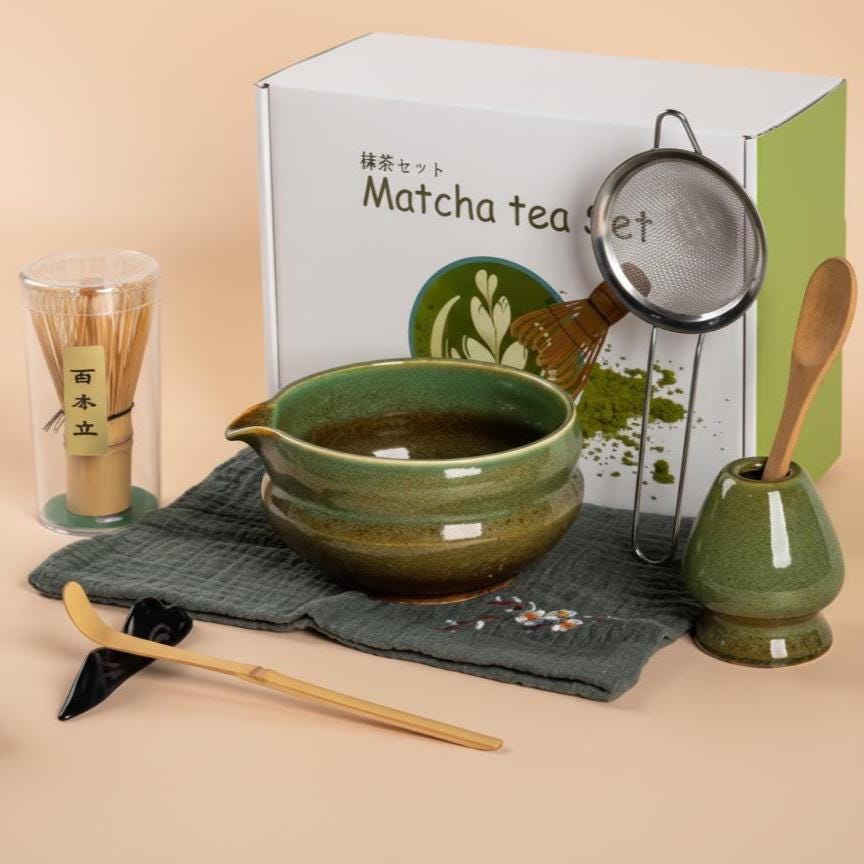 Handmade 4pc Rustic Green Matcha Tea Set | Ceramic Bowls, Matcha Bowl 450ml