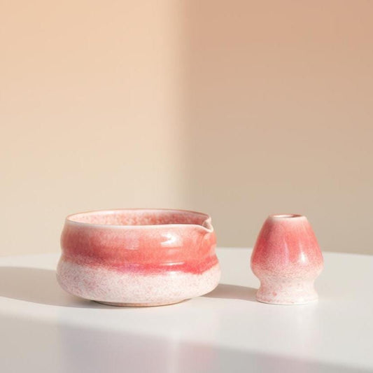 Pink Ceramic Matcha Bowl Set | Rose Blush Chawan with Whisk Holder