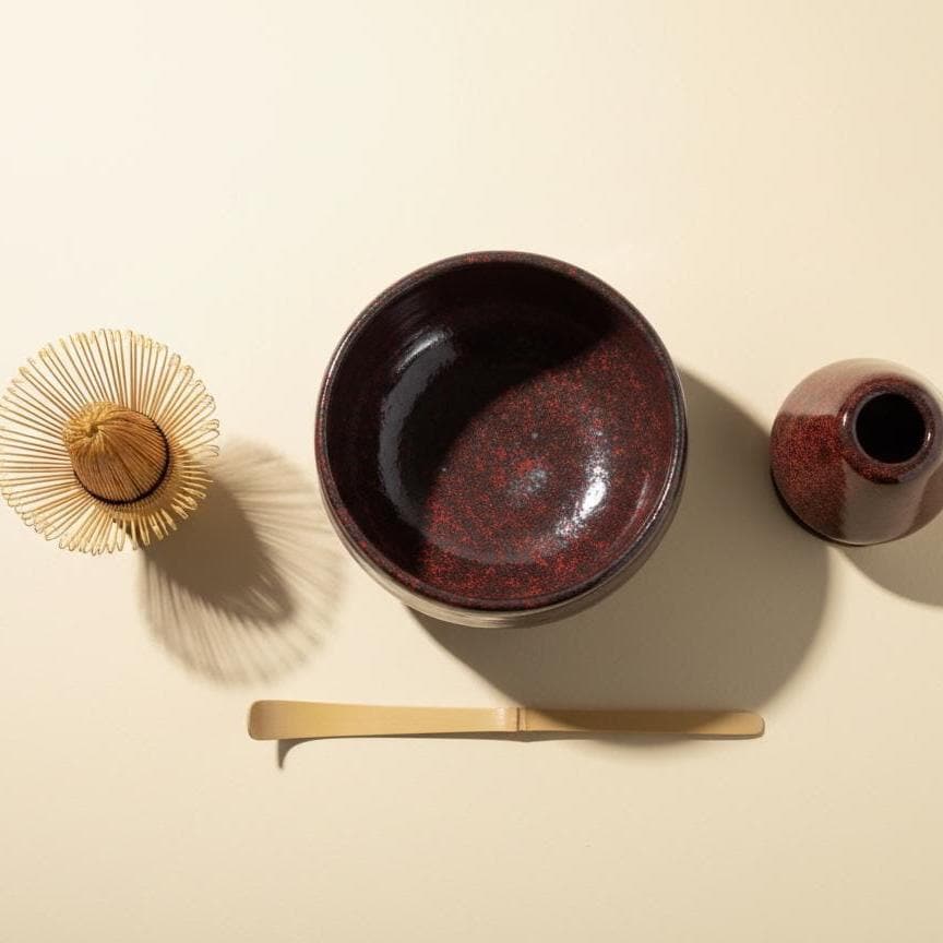 Handmade 4pc Rustic Dark Red Matcha Tea Set | Ceramic Bowl, Matcha Bowls 450ml