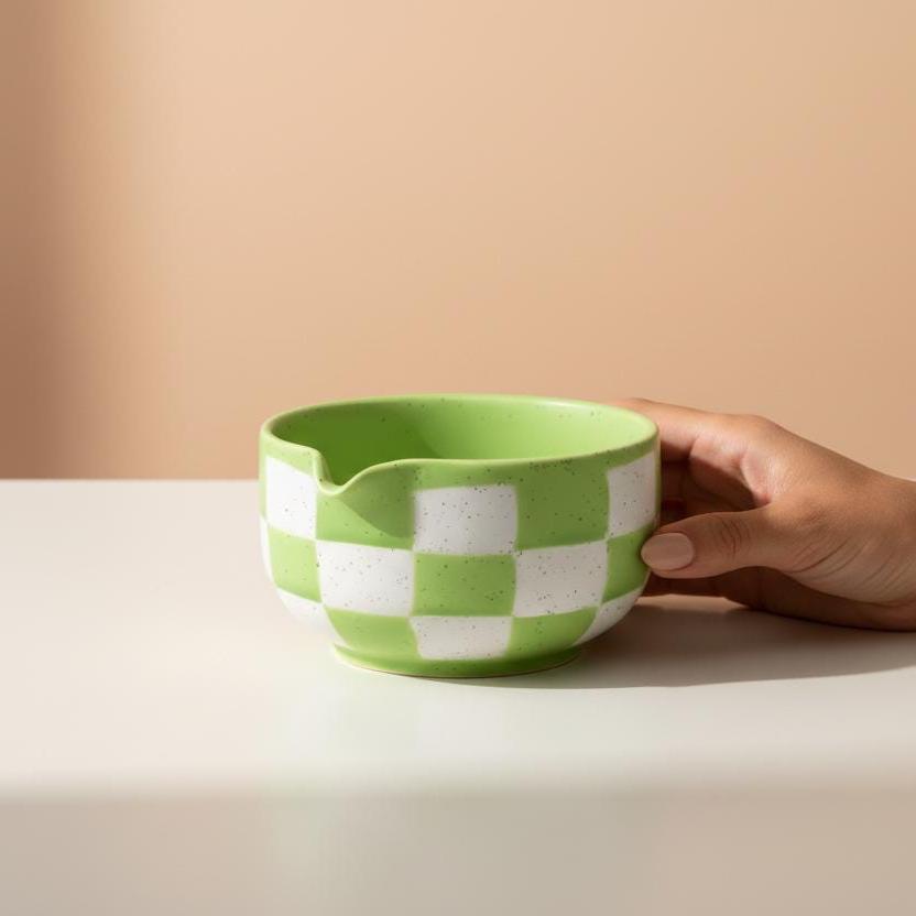 Handmade 4pc Green Checkered Matcha Tea Set | Ceramic Bowls, Matcha Bowl 450ml