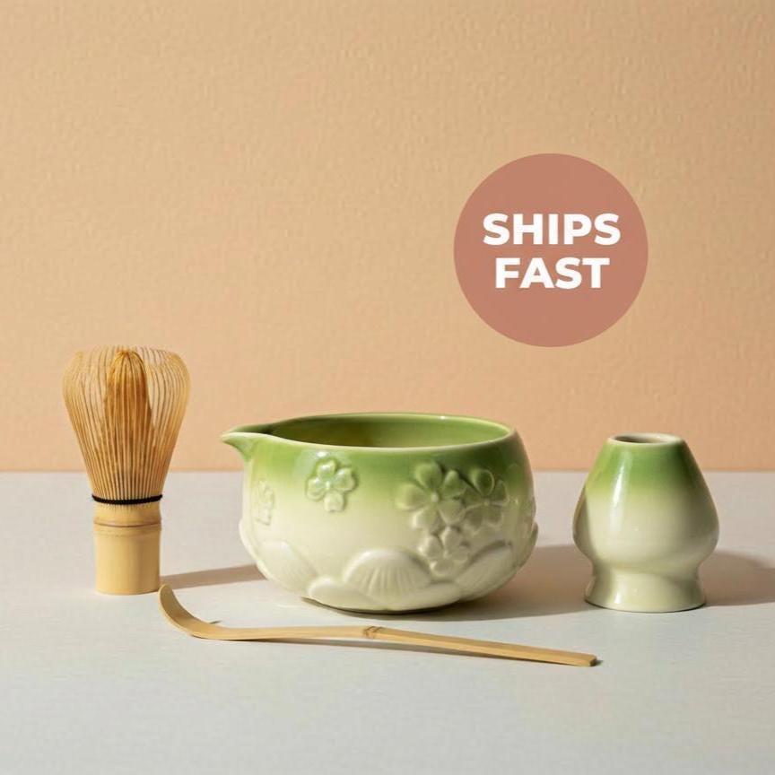 Handmade 4pc Green Bow Matcha Tea Set | Ceramic Bowls, Matcha Bowl 450ml
