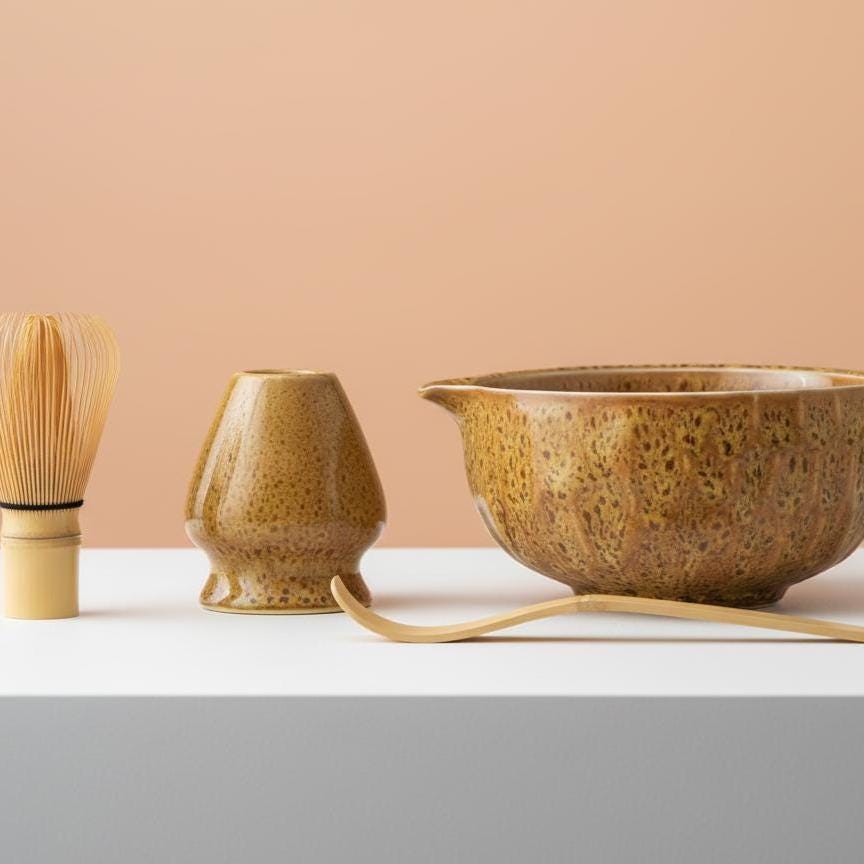 Handmade 4pc Honey Amber Matcha Tea Set | Ceramic Bowls, Matcha Bowl 450ml