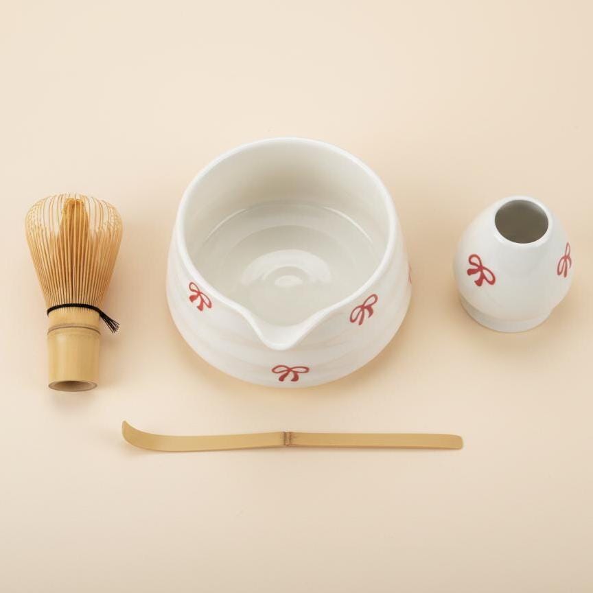 Handmade 4pc White Red Bow Matcha Tea Set | Ceramic Bowls, Matcha Bowl 450ml