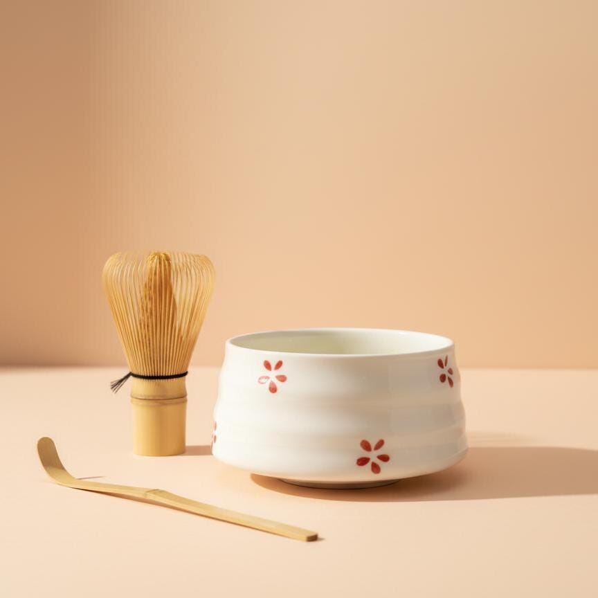 Handmade 4pc White Floral Matcha Tea Set | Ceramic Bowls, Matcha Bowl 450ml