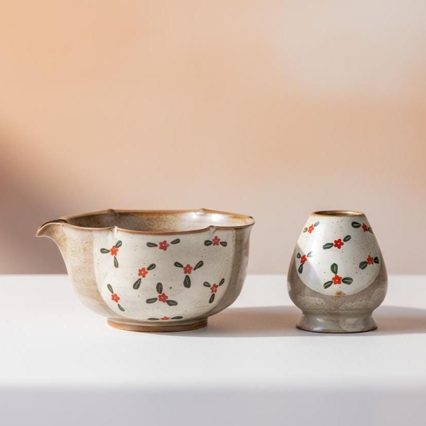 Hand Painted Floral Matcha Set • 6 Piece Ceramic Tea Bowl with Whisk, Scoop, Strainer