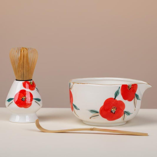 Handmade Red Flower Matcha Tea Set | Ceramic Bowls, Matcha Bowl 450ml