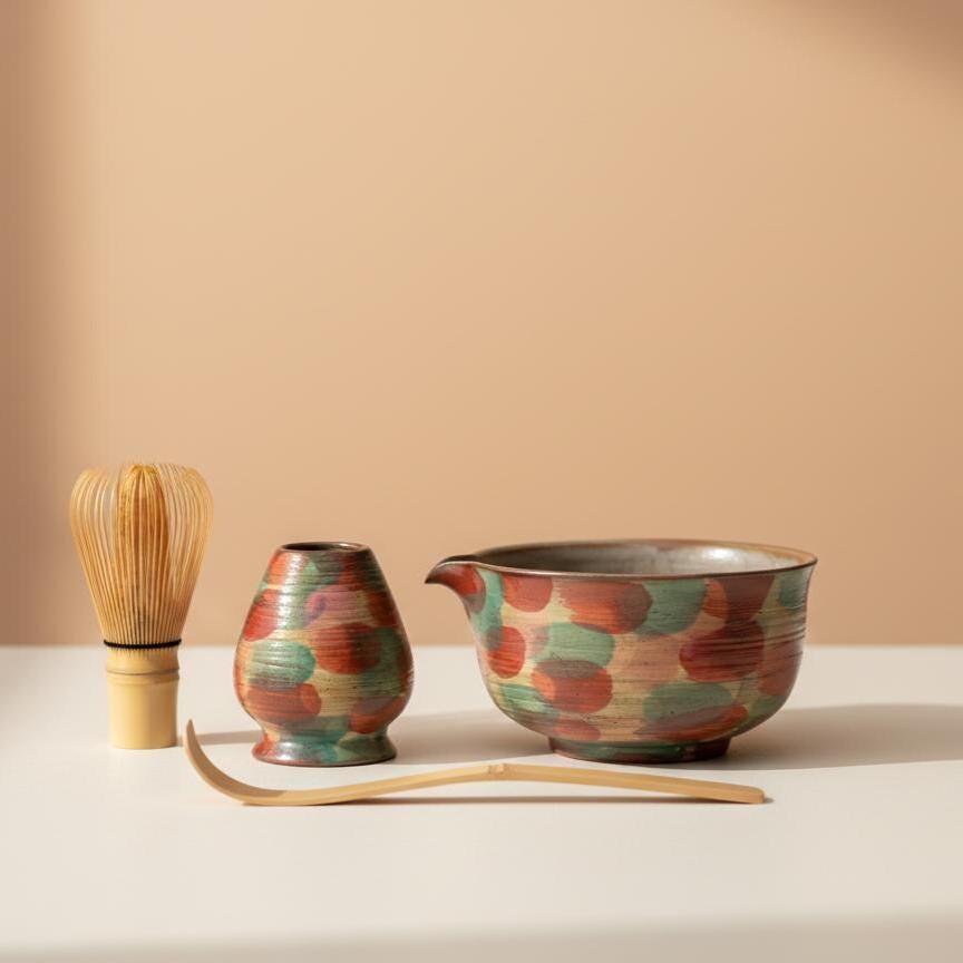 Handmade 4pc Colorful Matcha Tea Set | Ceramic Bowl, Matcha Bowls 450ml
