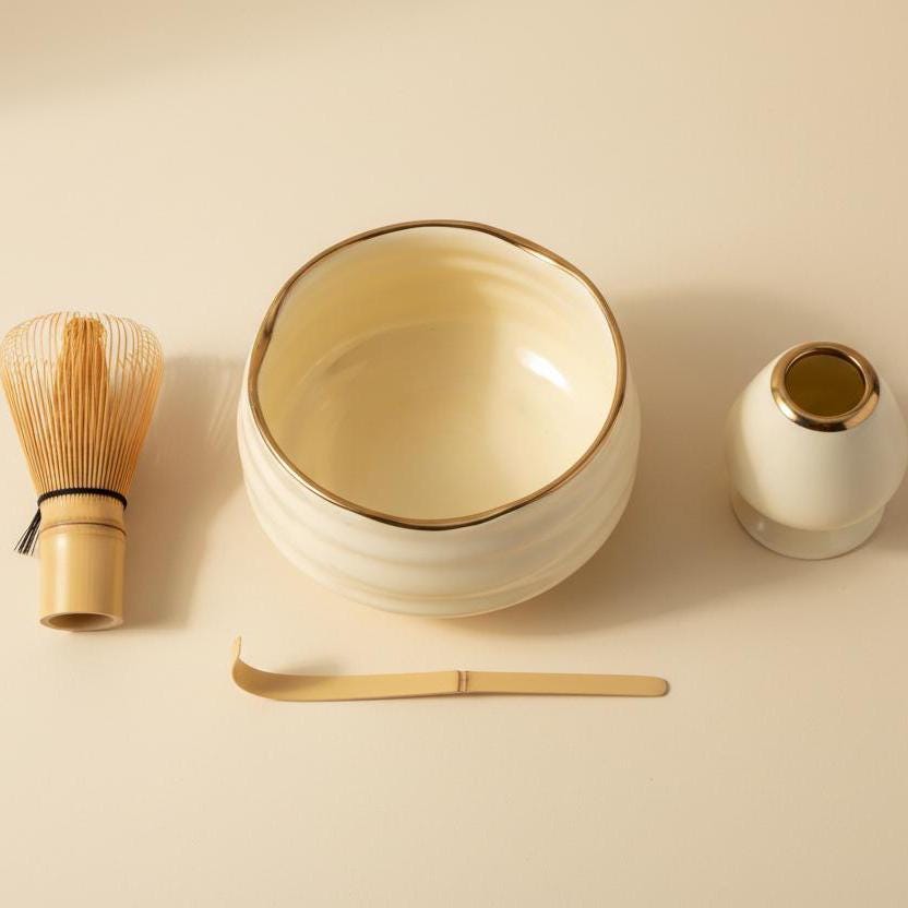 Cream Ceramic Matcha Set with Gold Rim | Chawan Bowl, Whisk, Scoop Kit