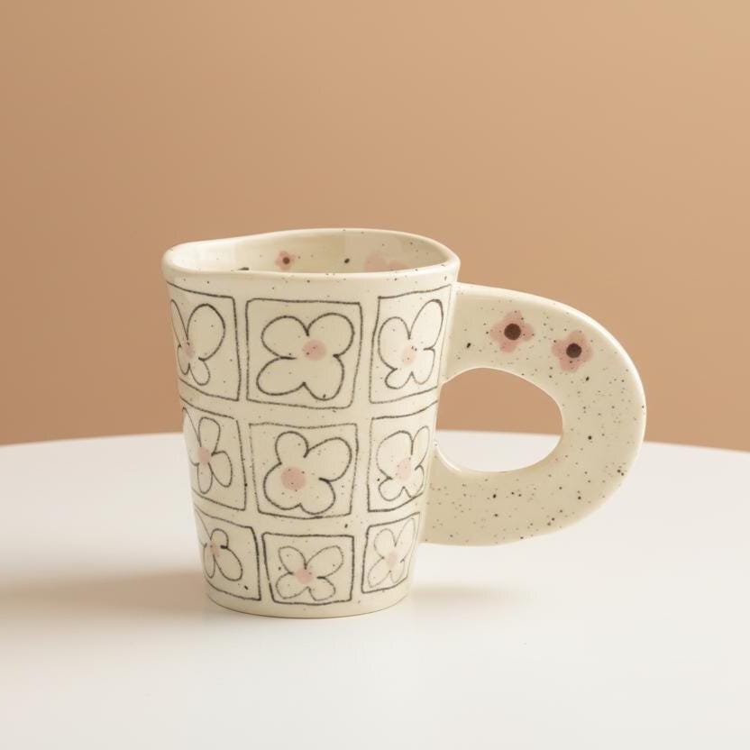 Floral Grid Ceramic Mug • Hand-Drawn Flower Outline Tea Cup (12 oz)