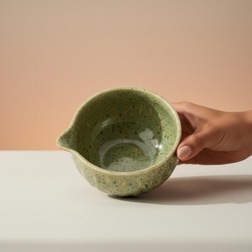 Handmade 4pc Moss Green Matcha Tea Set | Ceramic Bowls, Matcha Bowl 450ml