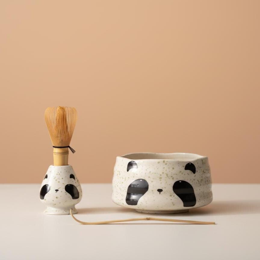 Handmade 4pc Panda Matcha Tea Set | Ceramic Bowl, Matcha Bowls 450ml