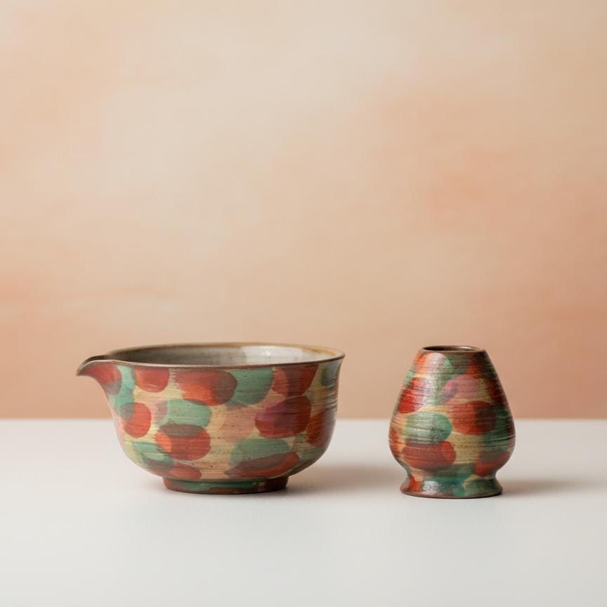 Handmade 4pc Colorful Matcha Tea Set | Ceramic Bowl, Matcha Bowls 450ml