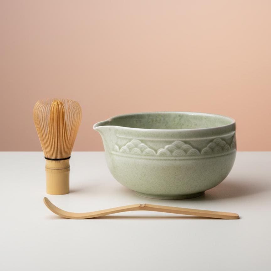 Handmade 4pc Light Green Cloud Matcha Tea Set | Ceramic Bowls, Matcha Bowl 450ml