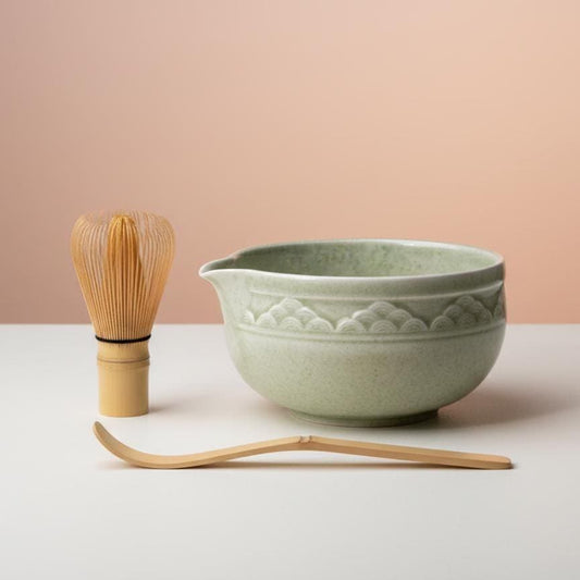 Handmade 4pc Light Green Cloud Matcha Tea Set | Ceramic Bowls, Matcha Bowl 450ml