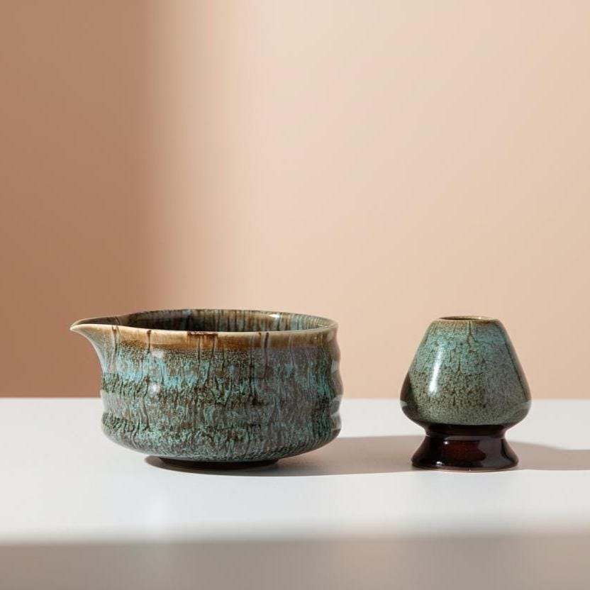 Ceramic Matcha Bowl Set | Teal Speckled Chawan with Bamboo Whisk, Scoop, Holder, Strainer