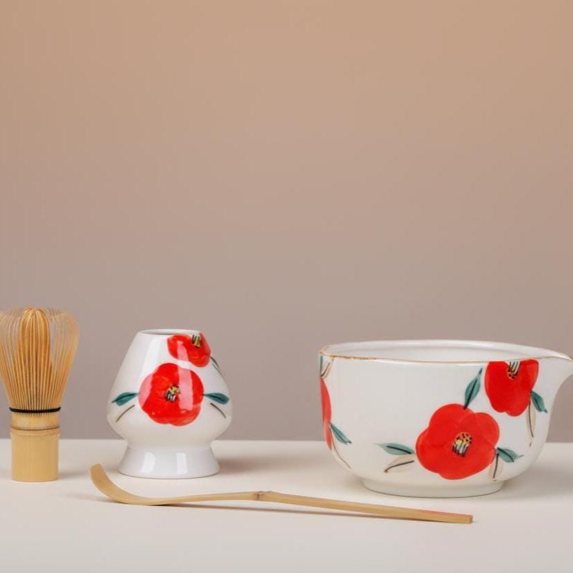 Handmade Red Flower Matcha Tea Set | Ceramic Bowls, Matcha Bowl 450ml