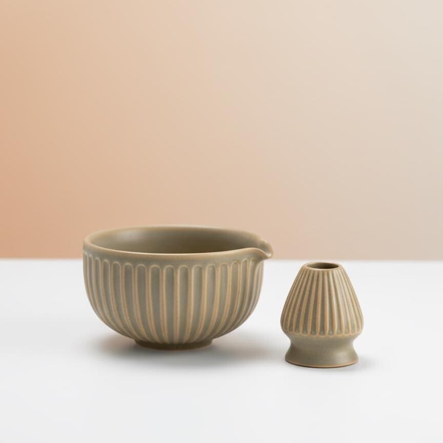 Handmade 4pc Beige Matcha Tea Set | Ceramic Bowls, Matcha Bowl 450ml