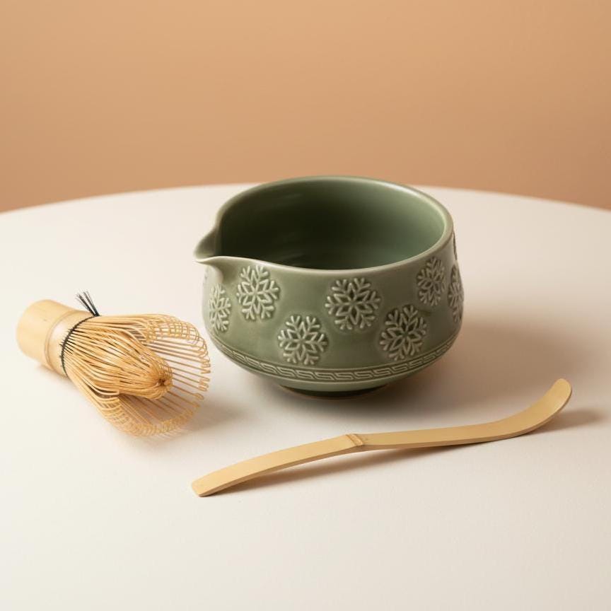 Handmade 4pc Green Flake Matcha Tea Set | Ceramic Bowls, Matcha Bowl 450ml