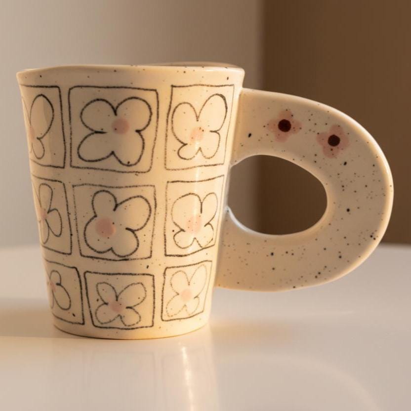 Floral Grid Ceramic Mug • Hand-Drawn Flower Outline Tea Cup (12 oz)