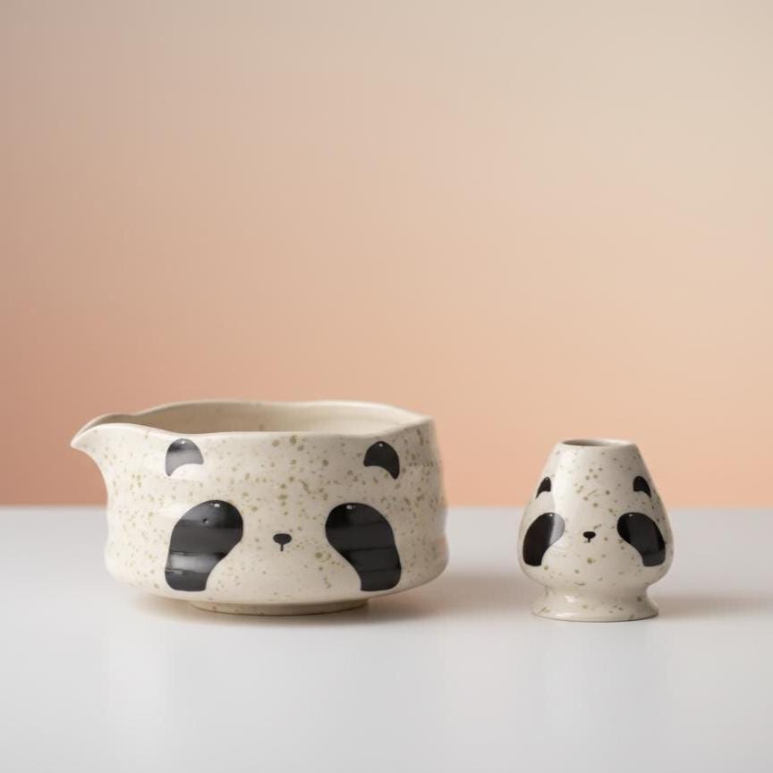 Handmade 4pc Panda Matcha Tea Set | Ceramic Bowl, Matcha Bowls 450ml