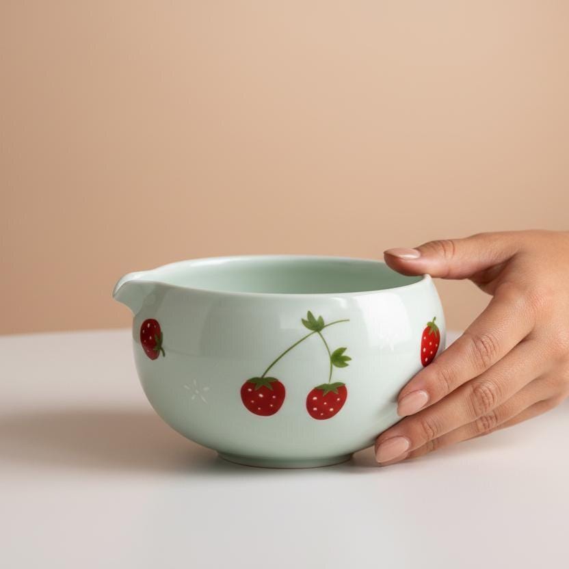 Ceramic Matcha Bowl Kit, Strawberry Hand-Painted Sage Green Tea Set