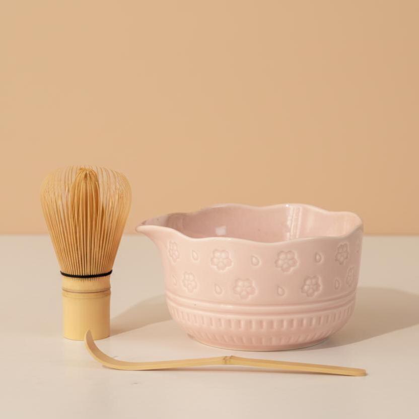 Handmade 4pc Pink Floral Matcha Tea Set | Ceramic Bowls, Matcha Bowl 450ml