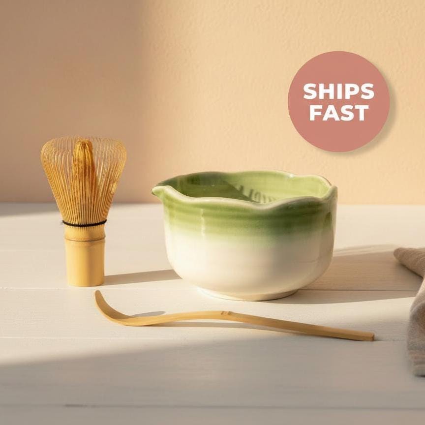 Handmade 4pc Green Matcha Tea Set | Ceramic Bowls, Matcha Bowl 450ml