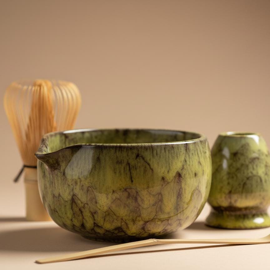 Handmade 4pc Moss Glaze Matcha Tea Set | Ceramic Bowls, Matcha Bowl 450ml