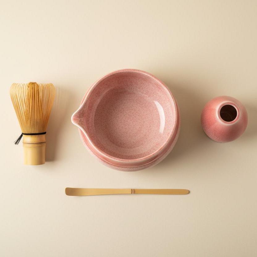 Pink Ceramic Matcha Bowl Set | Rose Blush Chawan with Whisk Holder
