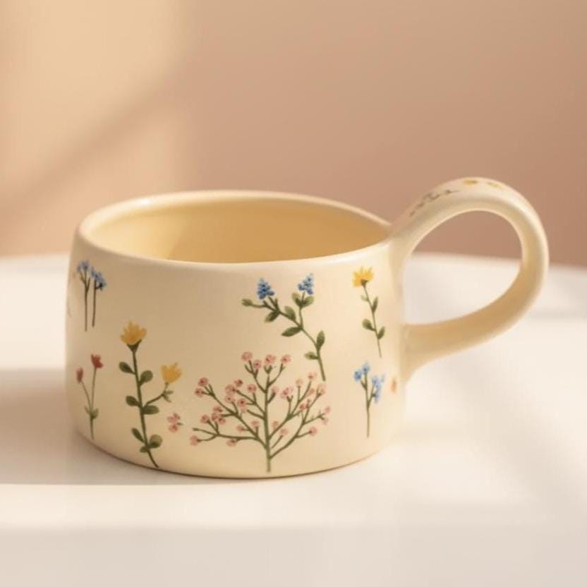 Funky Floral Ceramic Mug - Hand Painted Cream Coffee Mug - Gift for Mom