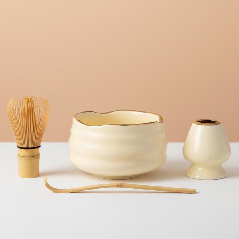 Cream Ceramic Matcha Set with Gold Rim | Chawan Bowl, Whisk, Scoop Kit