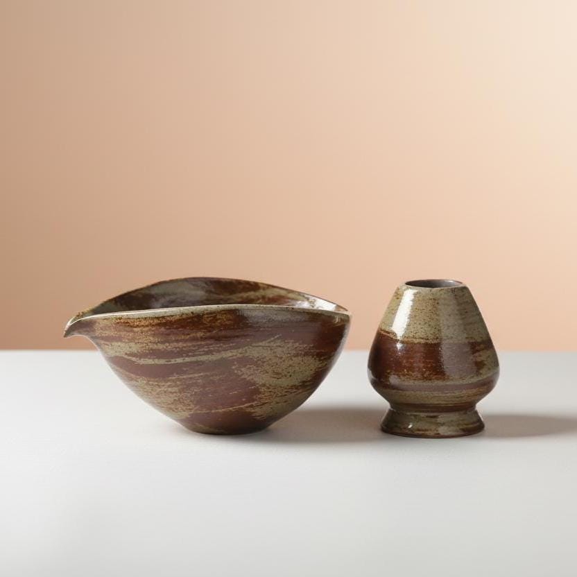 Handmade 4pc Rustic Light Brown Matcha Tea Set | Ceramic Bowls, Matcha Bowl 450ml