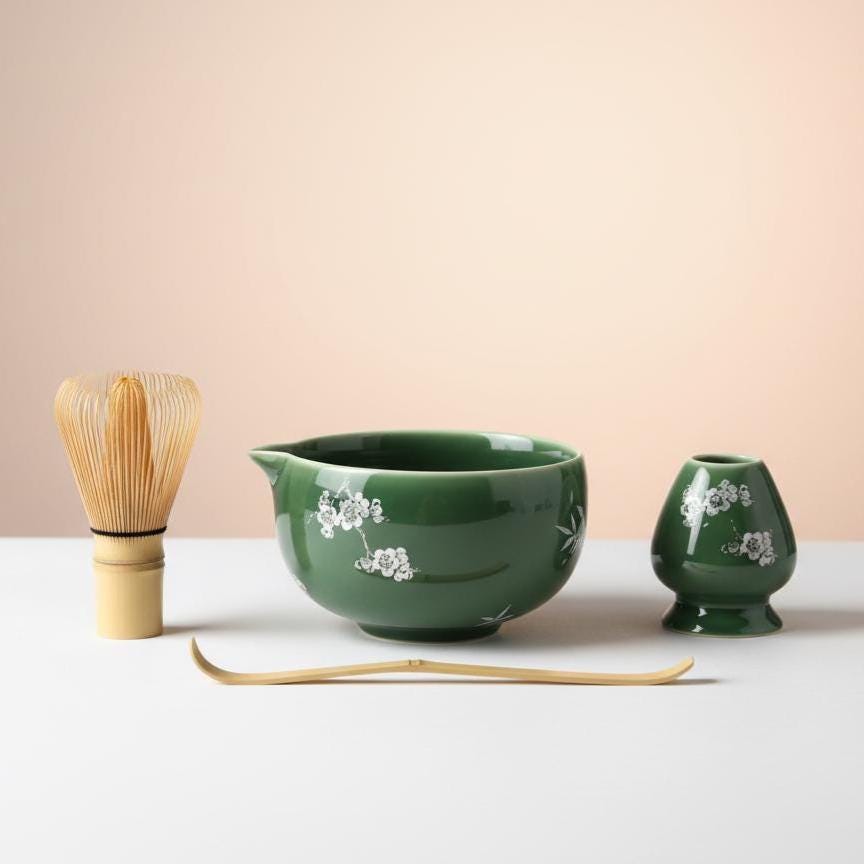 Handmade 4pc Emerald Green Matcha Tea Set | Ceramic Bowls, Matcha Bowl 450ml