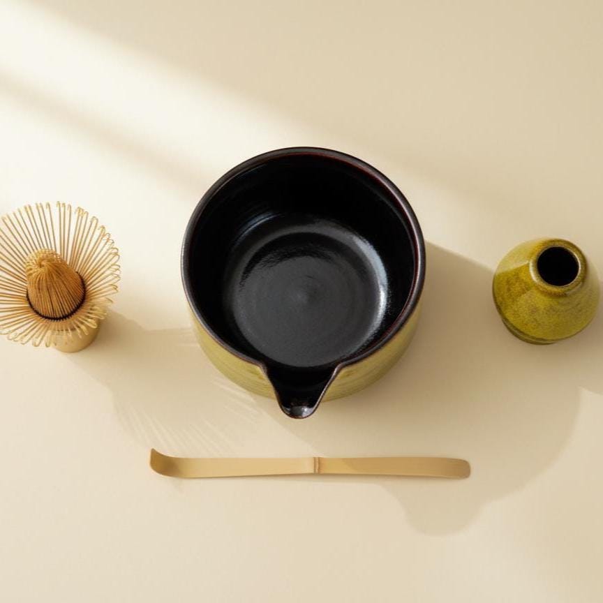 Handmade 4pc Rustic Yellow Matcha Tea Set | Ceramic Bowl, Matcha Bowls 450ml