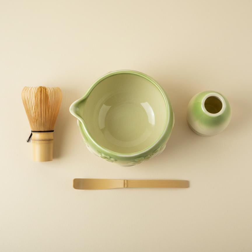 Handmade 4pc Green Bow Matcha Tea Set | Ceramic Bowls, Matcha Bowl 450ml