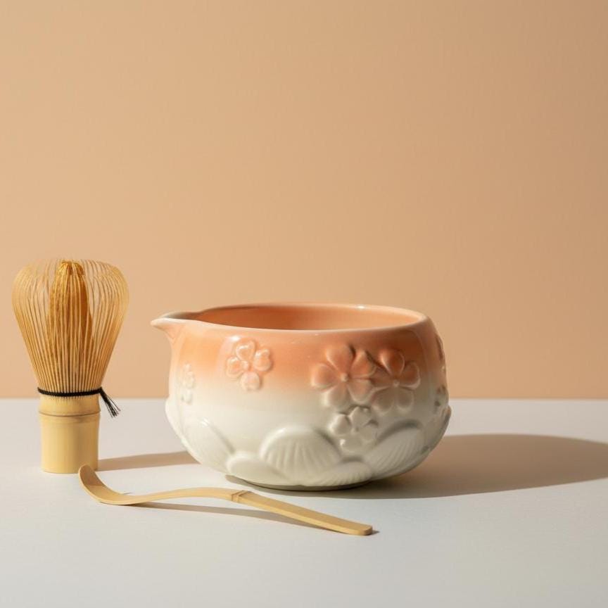 Handmade 4pc Peach Matcha Tea Set | Ceramic Bowls, Matcha Bowl 450ml