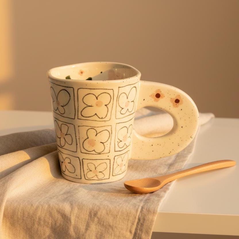 Floral Grid Ceramic Mug • Hand-Drawn Flower Outline Tea Cup (12 oz)